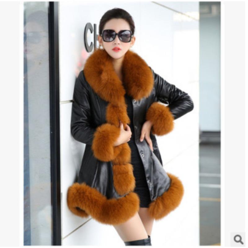 

Large size women s clothing imitation fox hair large fur collar thickened warm women s leather jacket medium and long slim imitation fur jacket 6XL светло-коричневого