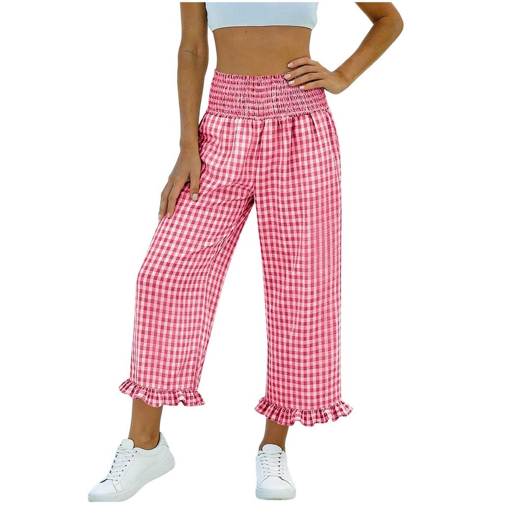 Women's Fashion Ruffle Hem Tartan Pocketed Pleated High-Waisted 9/10 Straight Leg Sporty Loose Casual Pants