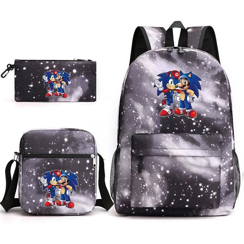 Backpack Sonic Student School Bag Cartoon Backpack Shoulder Bag Pencil Case Three-Piece Set