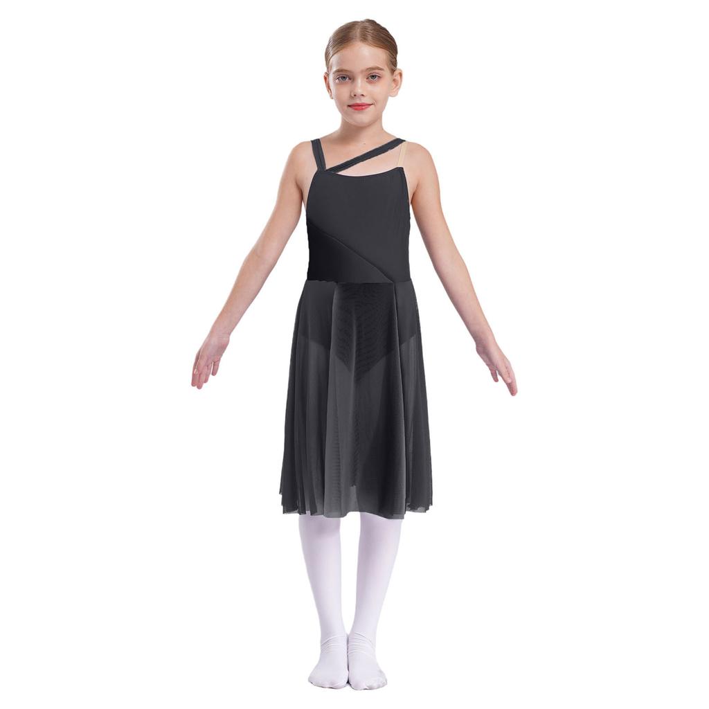 Kids Girls Mesh Overlay Ballet Contemporary Dance Dress Lyrical Leotard Costume Sleeveless Dresses