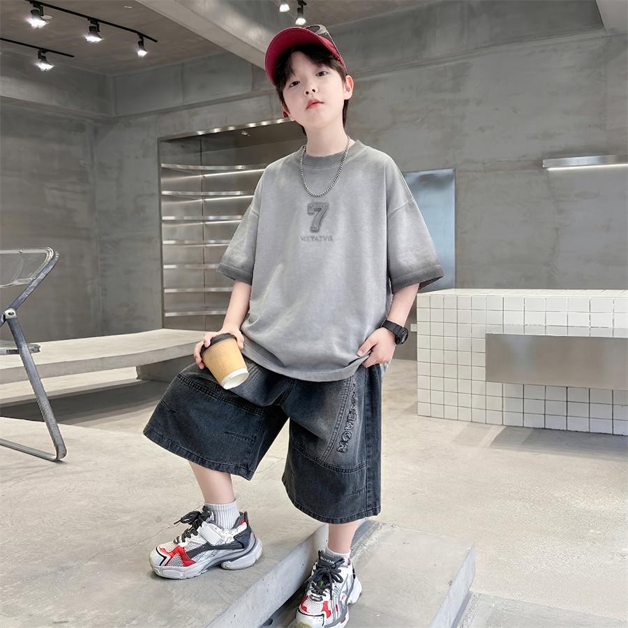 Teen Boys Set for Child Elegant T-shirts + Denim Shorts 2PCS Clothes Set Summer Kids Clothing Set