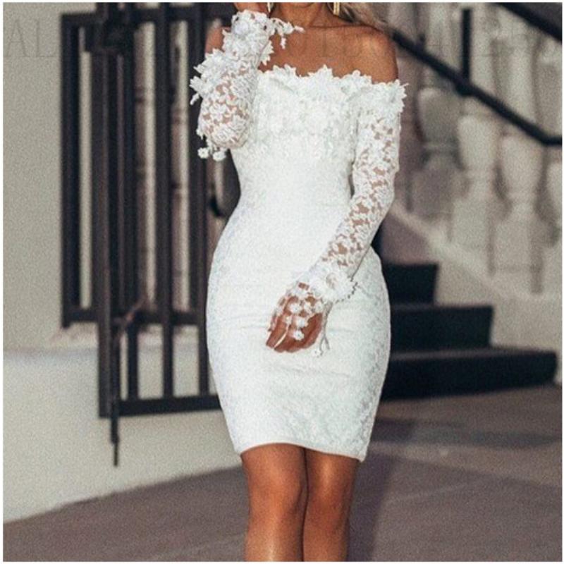 Women's Hip Dress One Shoulder Lace Long Sleeve Midi Dress Party Wear Fashion Women Clothing