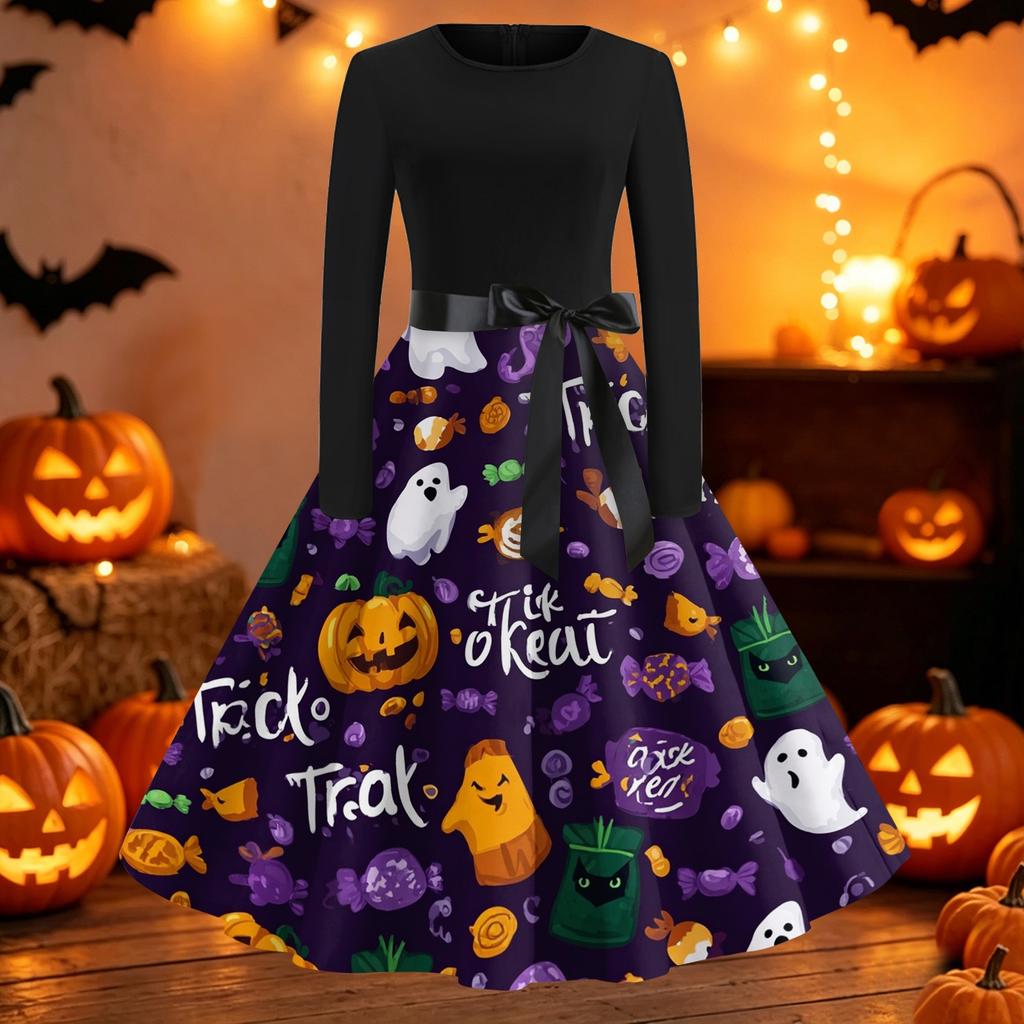 Women's Casual Long Sleeve Halloween Dress Fit and Flare Round Neck Dress with Printed Skirt and Waist Tie for Fall and Party