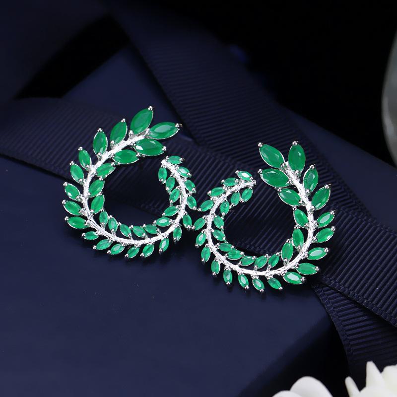 Olive Branch Leaf Zircon Earrings, Copper Platinum Plated Earrings