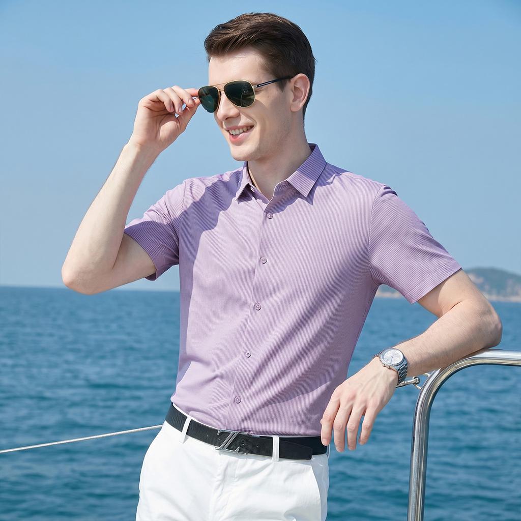 Summer machine washable shirt with linen and mulberry silk, men's business casual striped short sleeved shirt
