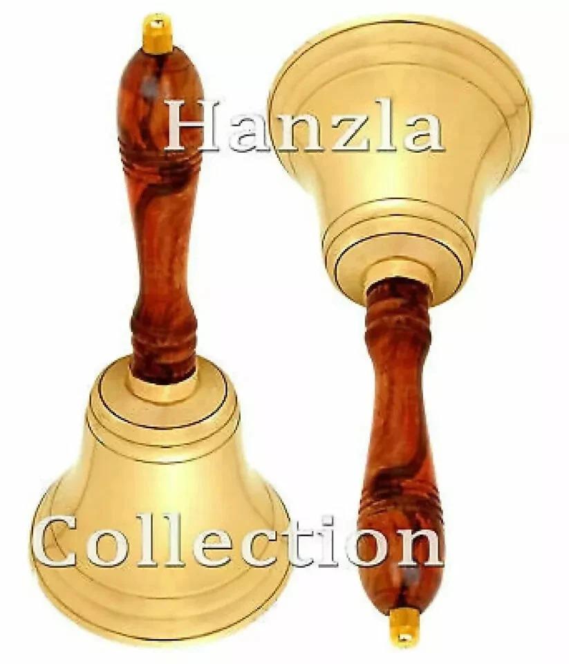 Large Brass & Wood School Hand Bell – 11" Vintage Teacher Bell – Antique Collectible Décor