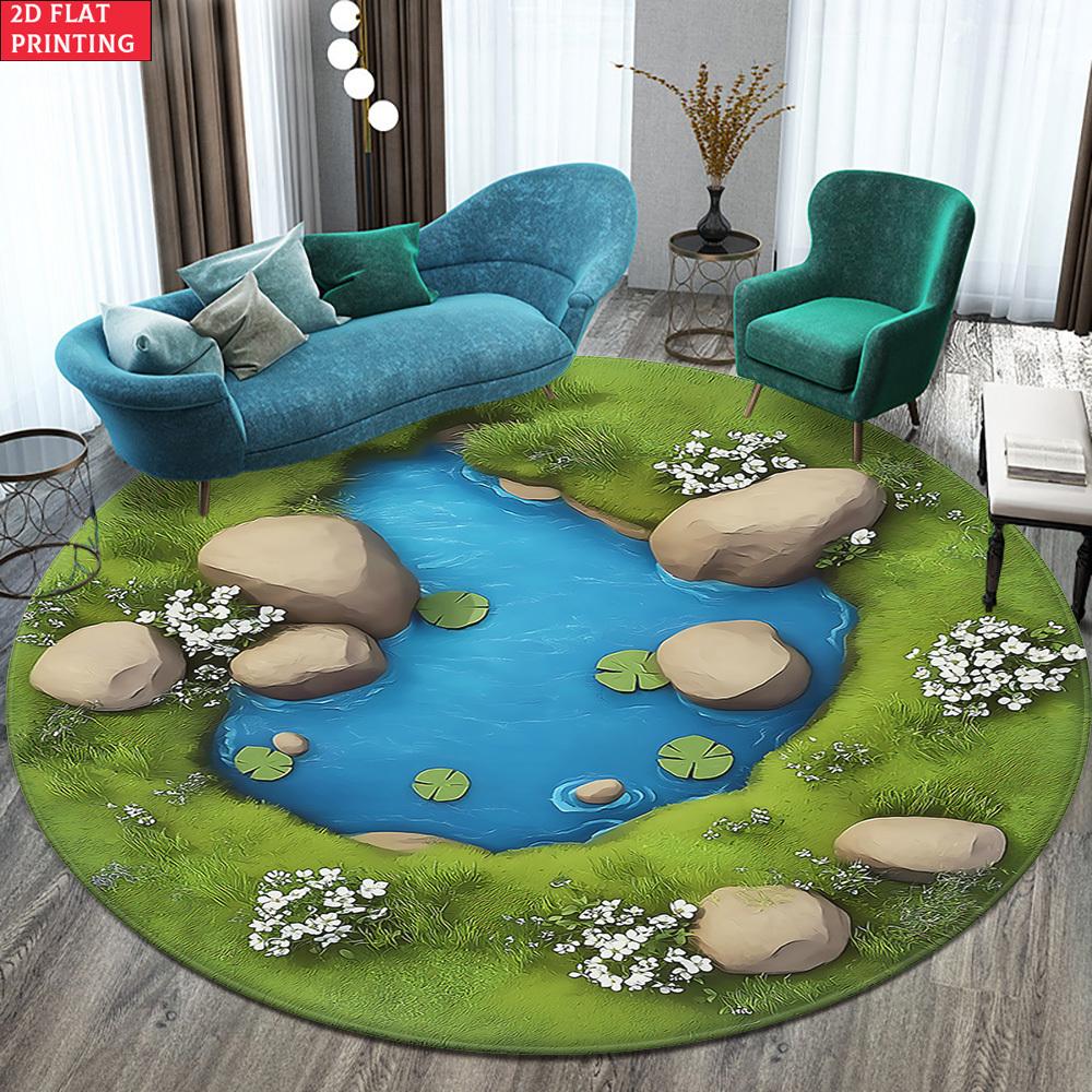 HD Small Pond with Stones Round Floor Mat – Nature Inspired Decorative Rug for Entryway, Living Room, Yoga, and Meditation