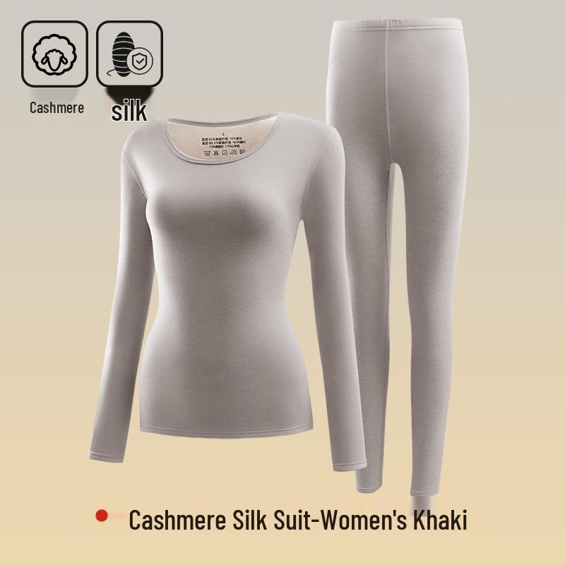 Women's Cashmere Silk Thermal Underwear Set - Seamless, Round Neck, Autumn/Winter Warm Suit for Couples