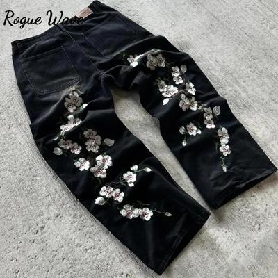 RogueWave Y2K Harajuku Retro Jeans Artistic Cherry Blossom Embroidery Pattern Denim Pants High Street Loose Straight Leg Pants