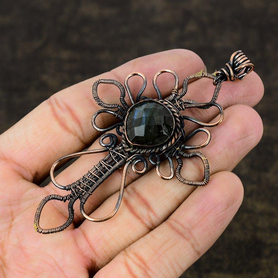 Natural Labradorite Gemstone Handmade Copper Wire Wrap Pendant 3.70" P7P57