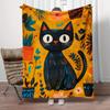 Black Cat with Floral Background Artistic Fleece Blanket Vibrant Yellow Orange Pattern Soft Plush Throw Blanket for Home Decor
