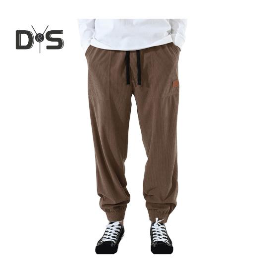 Pánské jarní podzimní kalhoty s bočními kapsami stahovací šňůrka v pase rovná noha tlustá manšestrová jednobarevná volné sportovní kalhoty