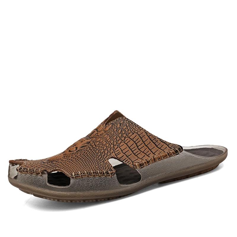 Fashion Crocodile Pattern Men's Summer Flats Breathable Sandals Male Leather Slippers Comfortable Slip-on Half Shoes Cool Casual Slides