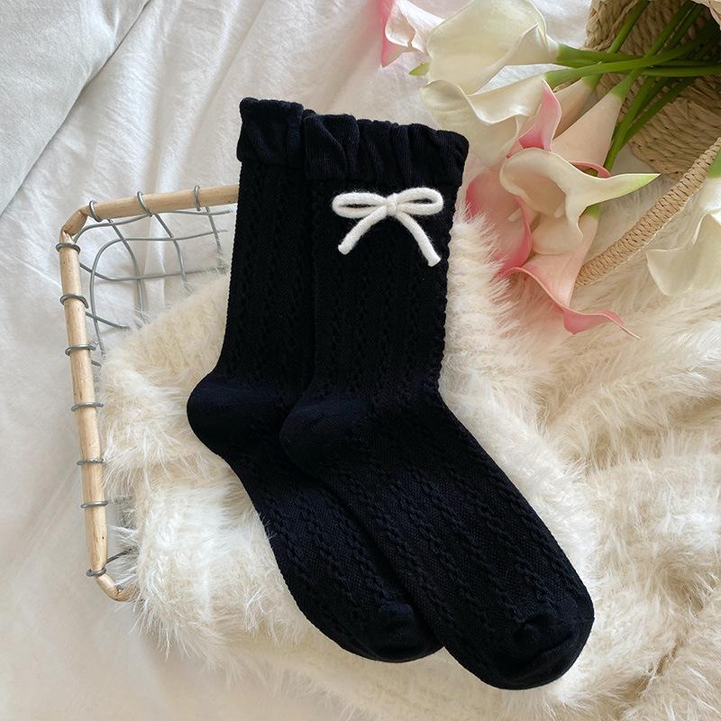 Women's Spring and Summer Thin Bow Breathable Linen Pattern Sweet Bubble Mouth Cotton Socks