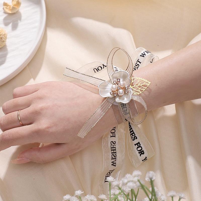 Brățară Exquisită pentru Domnișoare de Onoare cu Flori Artificiale, Panglică Dulce de Nuntă, Fundă cu Perle, Flori de Mână pentru Mireasă, Accesorii de Petrecere, Bal de Promovare, Cadouri