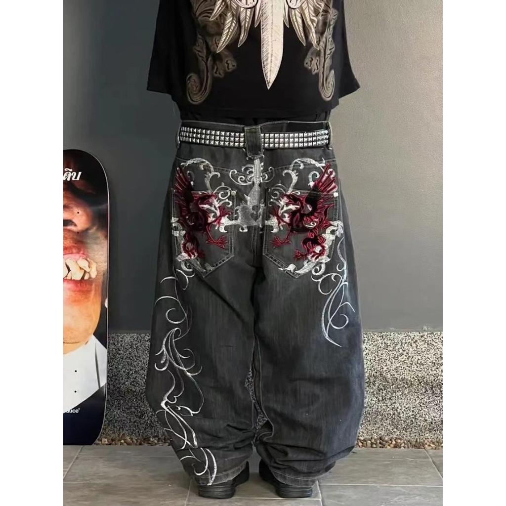 DRIPX Retro American Street Style Embroidery Wide Leg Washed  Jeans Casual Straight Leg Pants