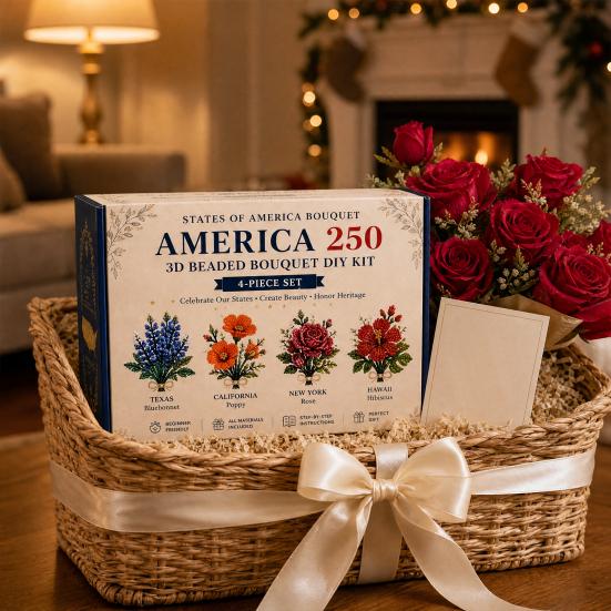 America 250 Beaded Bouquet DIY Kit, 4th of July Patriotic Flower Craft Handmade Set, 1776-2026 Independence Day 3D Beaded Flower Making