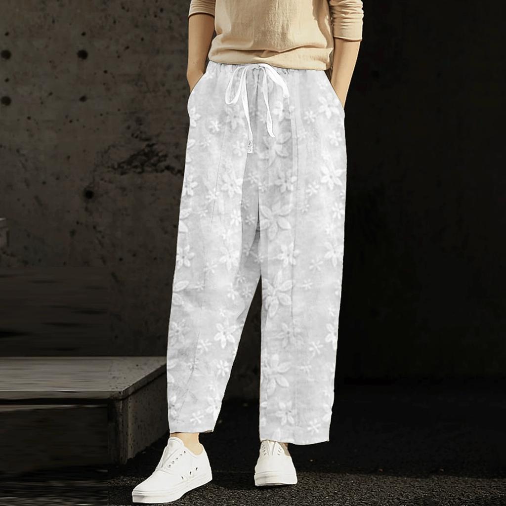 Women's Long Pants Elastic High Waist Wide-Leg Trousers Elegant Embroidered Cotton Linen Pants