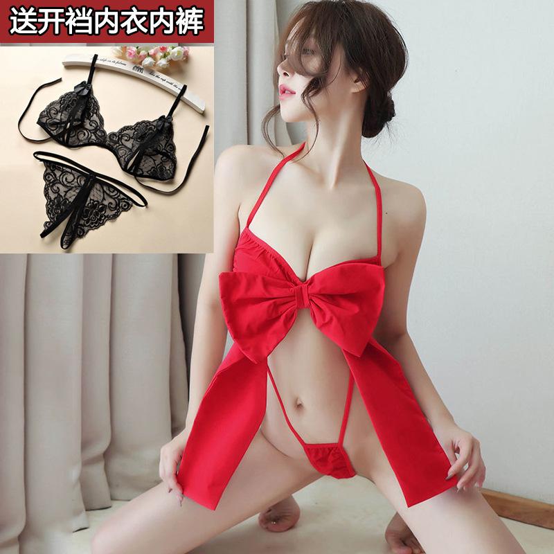 Open crotch free three-point two-piece set erotic lace underwear panties female sexy passion thong