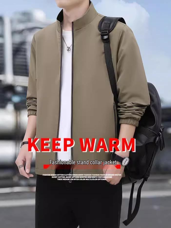 2024 Men's Solid Color Stand Collar Casual Jacket for Spring & Autumn - Middle-aged, Business Casual Outerwear