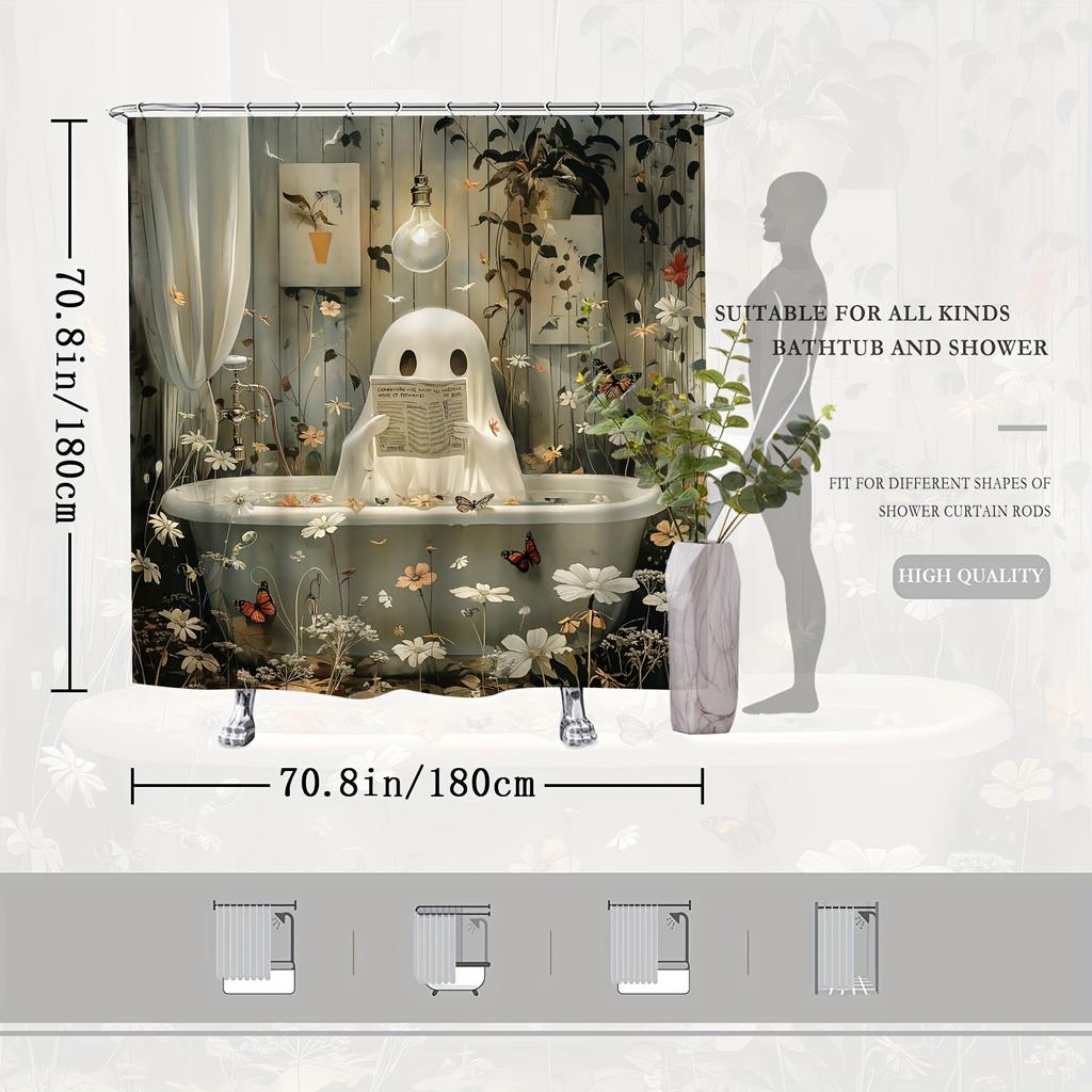 Whimsical Ghost Bath Curtain - Polyester, Features Newspaper, Flowers & Butterflies, Halloween Decor, Washable Fantasy Theme