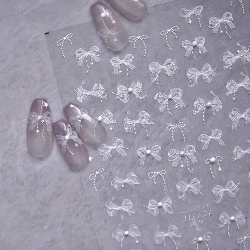 White 5D Pearl Lace Bowknot Wave Lines Nail Stickers Elegant Exquisite Nail Decoration Decals DIY Self Adhesive Transfer Slider