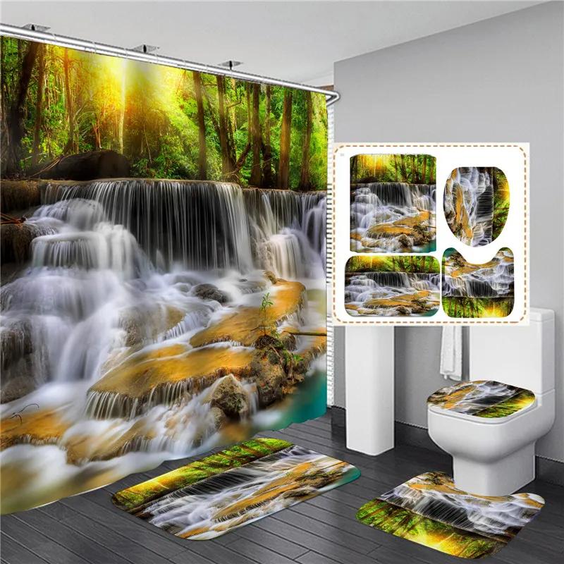Full Set Bathroom Shower Curtain Set And Rugs Waterproof Fabric Furniture Accessory Zen Flow Water Bamboo For Bath Decoration