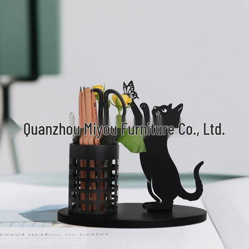 Minimalistischer schwarzer Katzen-Eisen-Stifthalter - Schreibtischornament & Aufbewahrung