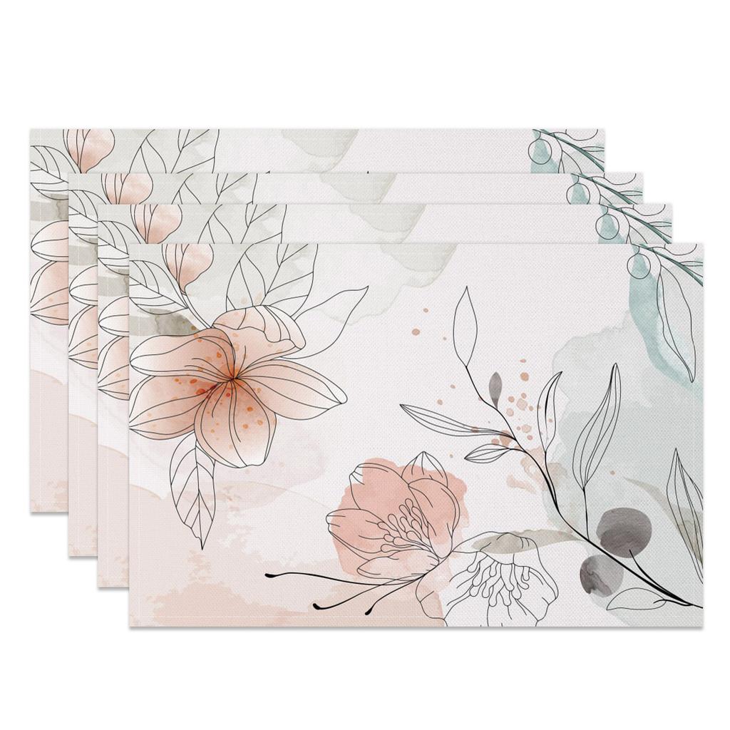Watercolor Floral Placemats Bohemian Hand Painted Style Soft Pastel Flower Artistic Table Mats for Dining Kitchen Decor Washable