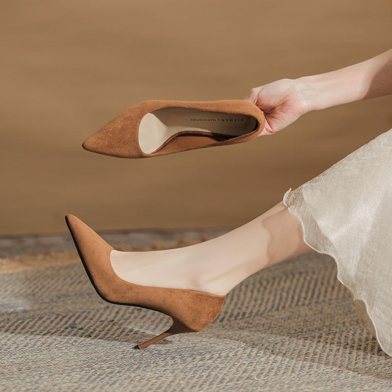 Suede high heels autumn and winter new versatile fashion black etiquette thin heel pointed single shoes women