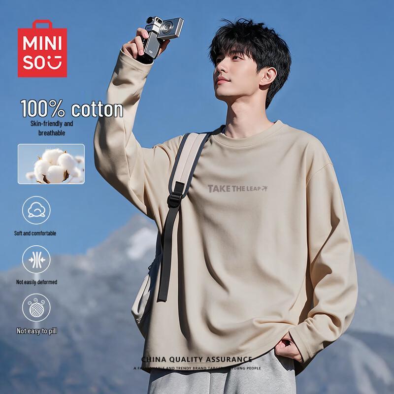 MINISO Men's Relaxed Fit Heavyweight Pure Cotton Long-Sleeve T-Shirt