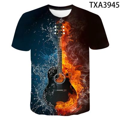 Summer Round Neck 3D Flame Guitar Pattern Printed Top Fashionable Casual Loose Short Sleeved Men's T-shirts