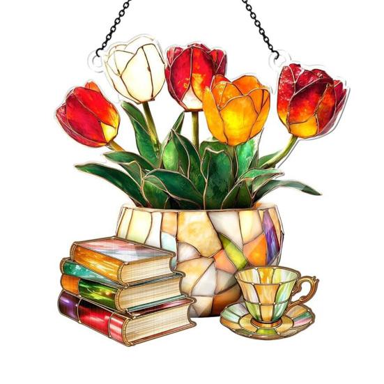

Floral Tea Cup And Book Suncatcher Stained Glass Effect Window Car Hanging Ornament Acrylic Garden Sun Catcher Panel for Women Mom Grandma 10cm A