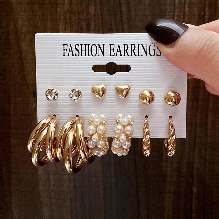 European and American metal earrings square geometric earrings retro pearl earrings ins wind earrings set