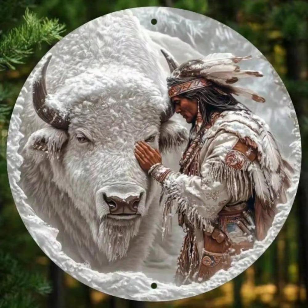 Vintage Buffalo Native American Metall Wandkunst Runde Aluminiumplakette Feiertags-Hausdekoration