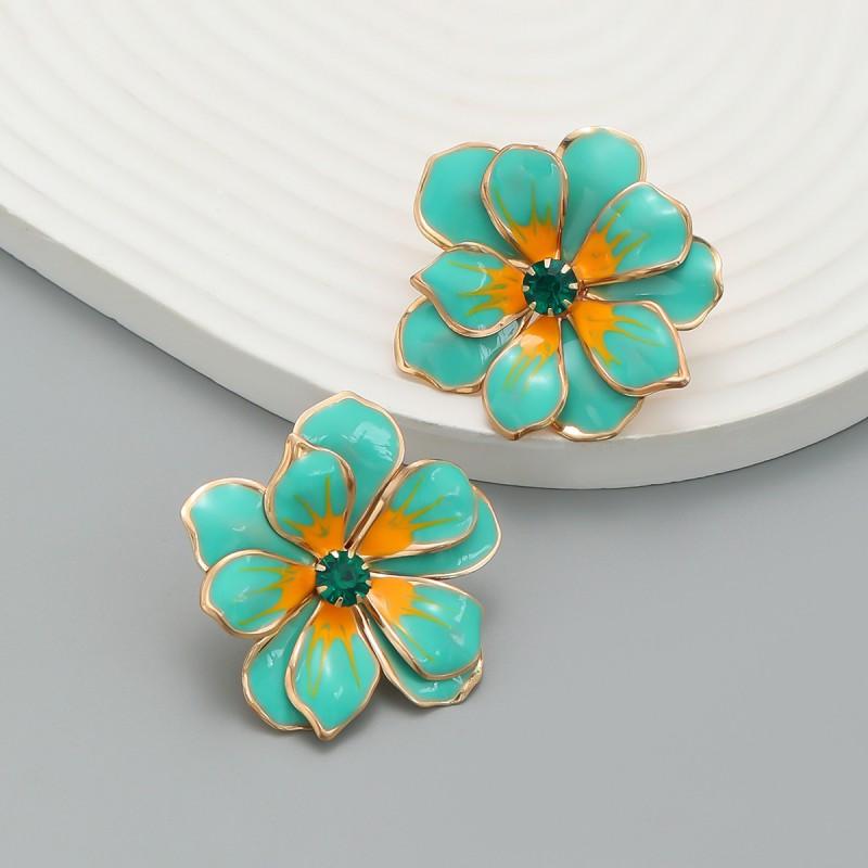 Elegant Floral Drop Oil Earrings Women Alloy Flower Studs In White Pink Orange Green