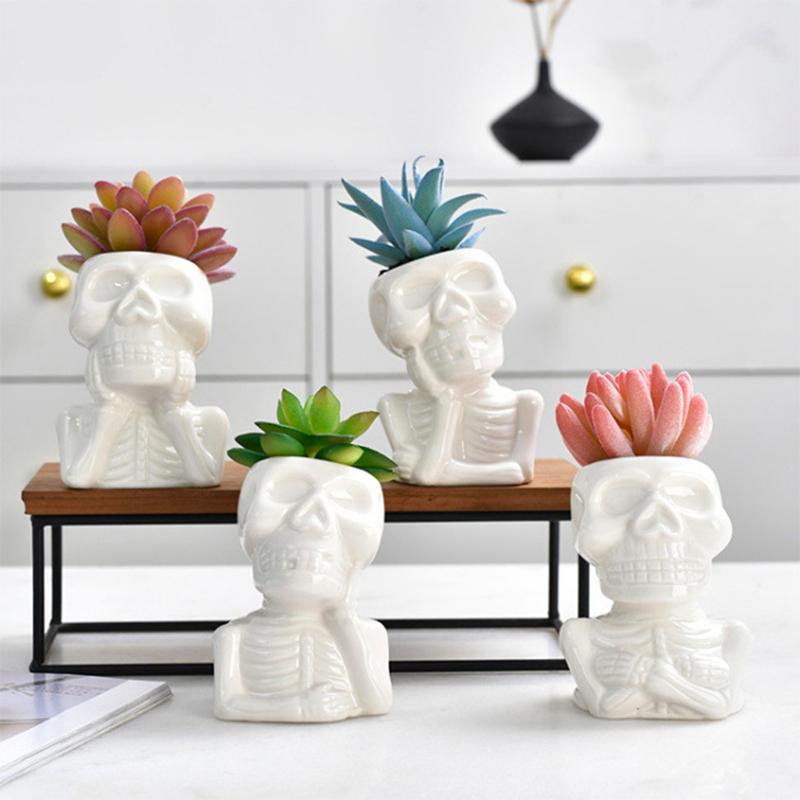 Creative Skull Flower Pot Succulent Pot Ceramic Planter Home Decor Halloween Ornament Bonsai Plant Pot Garden Decoration