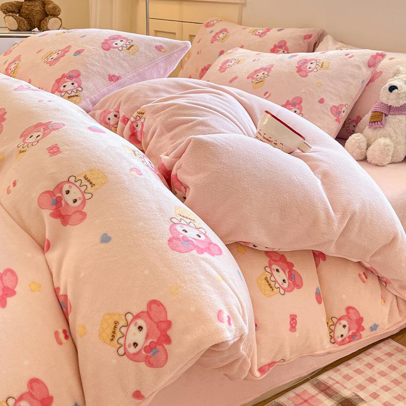 Thickened Milk Fleece Four-Piece Set, Coral Fleece Bed Sheet Quilt Cover, Fleece Three-Piece Set, Bedding.