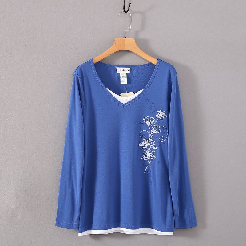 

Australian Single Mill * Cotton Embroidered Knitting T-shirt Fake Two-Piece Bottoming Shirts Large Sizes Availiable Knitted T-shirt Blue 14
