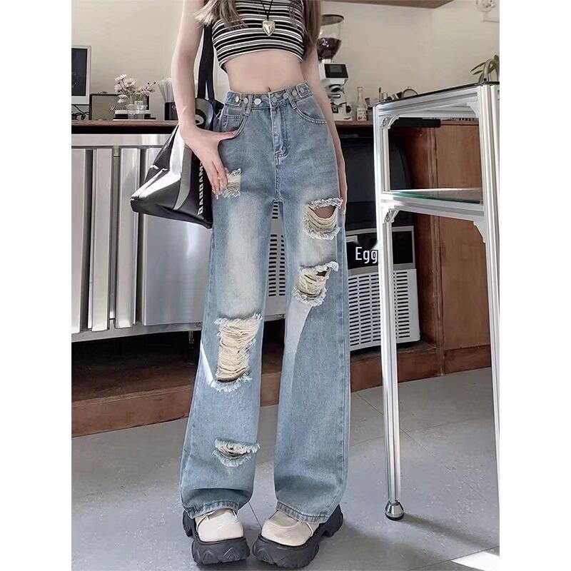 Women's Slimming High Waist Ripped Jeans - Summer 2024 Collection, Thin & Loose Wide-Leg Straight Pants, Small Sizes.