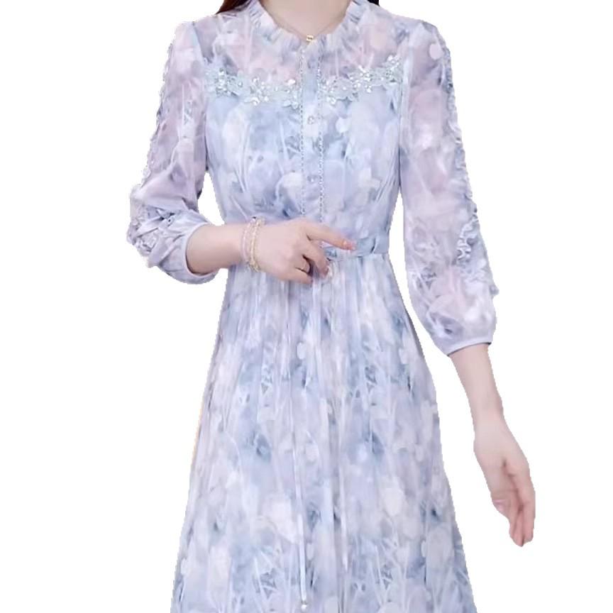 Women's Spring 2026 Seven-Sleeve Ruffled Collar Belted Printed Midi Dress