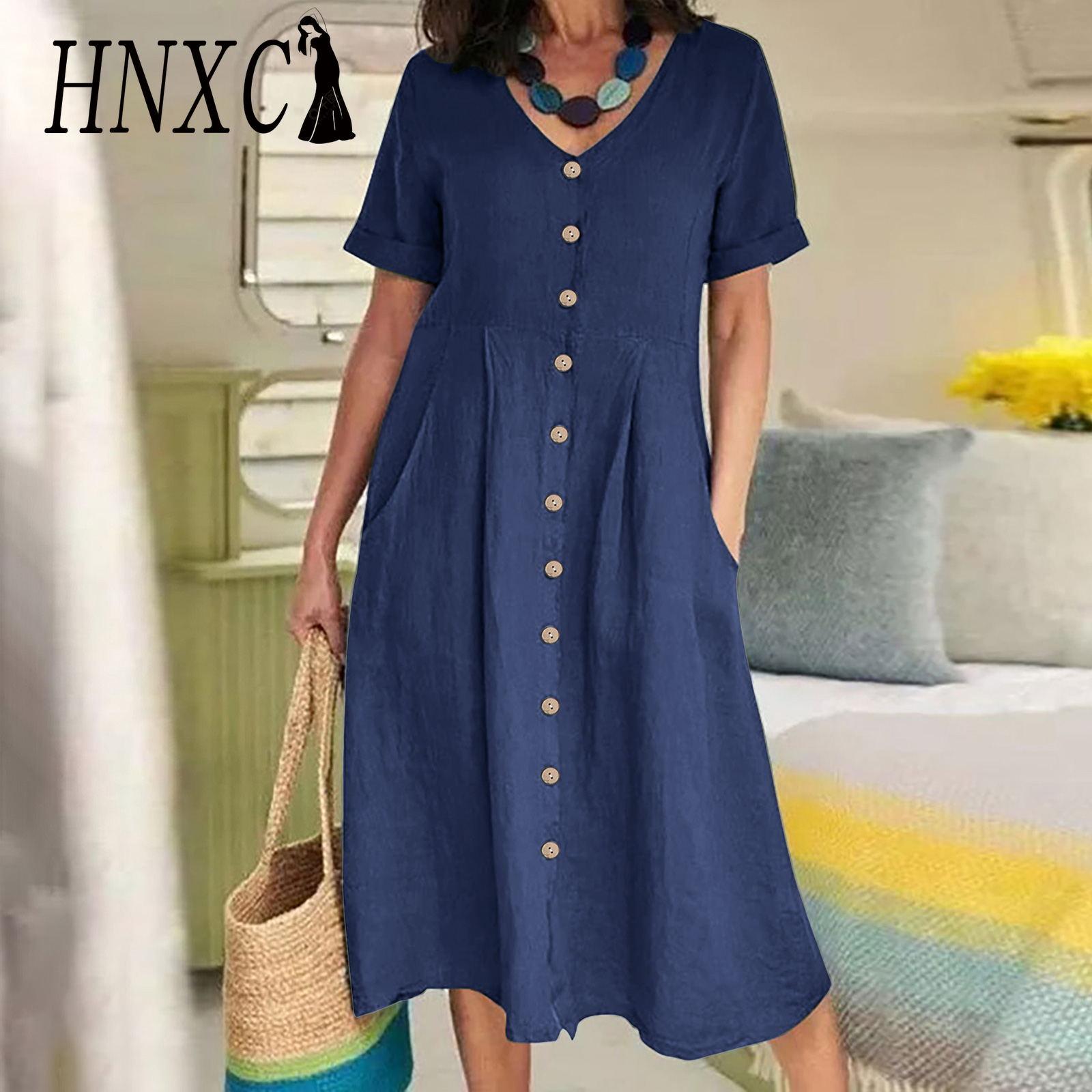 

HNXC Женское летнее повседневное хлопковое платье с V-образным вырезом, коротким рукавом и пуговицами XXXXXL темно-синий