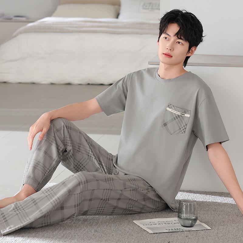 Pure cotton pajamas men's summer thin 1011 new short-sleeved trousers loose large size can be worn outside loungewear suit