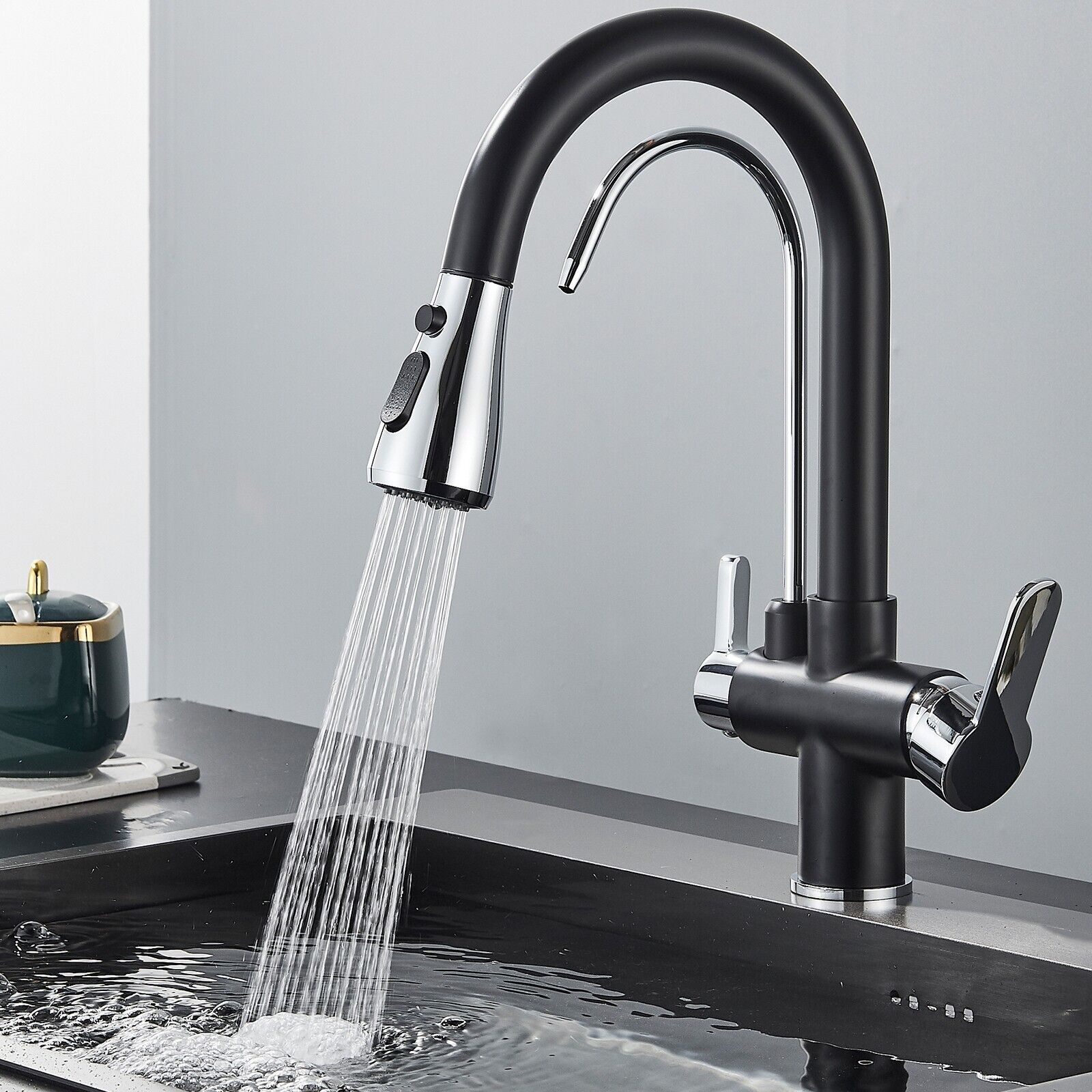 

3-ходовой кран Кран для питьевой воды Черный кухонный смеситель Выдвижной смеситель