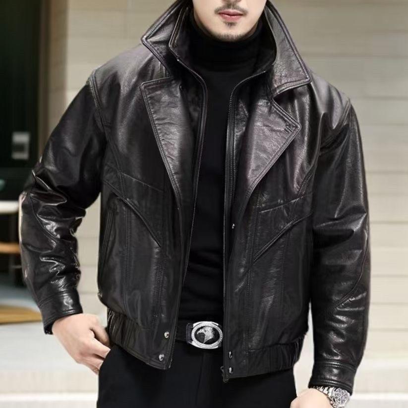 Men's Slim Fit Plus Velvet Leather Jacket - Autumn/Winter Motorcycle Style with Stand Collar, Korean Trend Casual Wear.