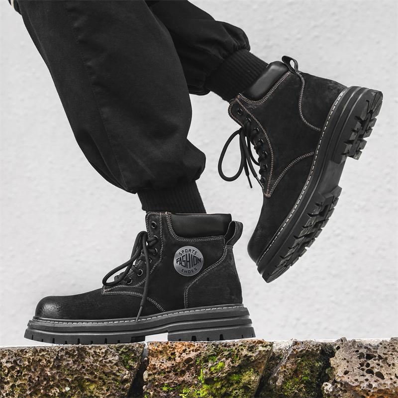FashionMen Motorcycle Leather Boots Lace Up British Style High Top Shoes Walking Casual Platform Plush Warm Winter Boots Bota Masculina
