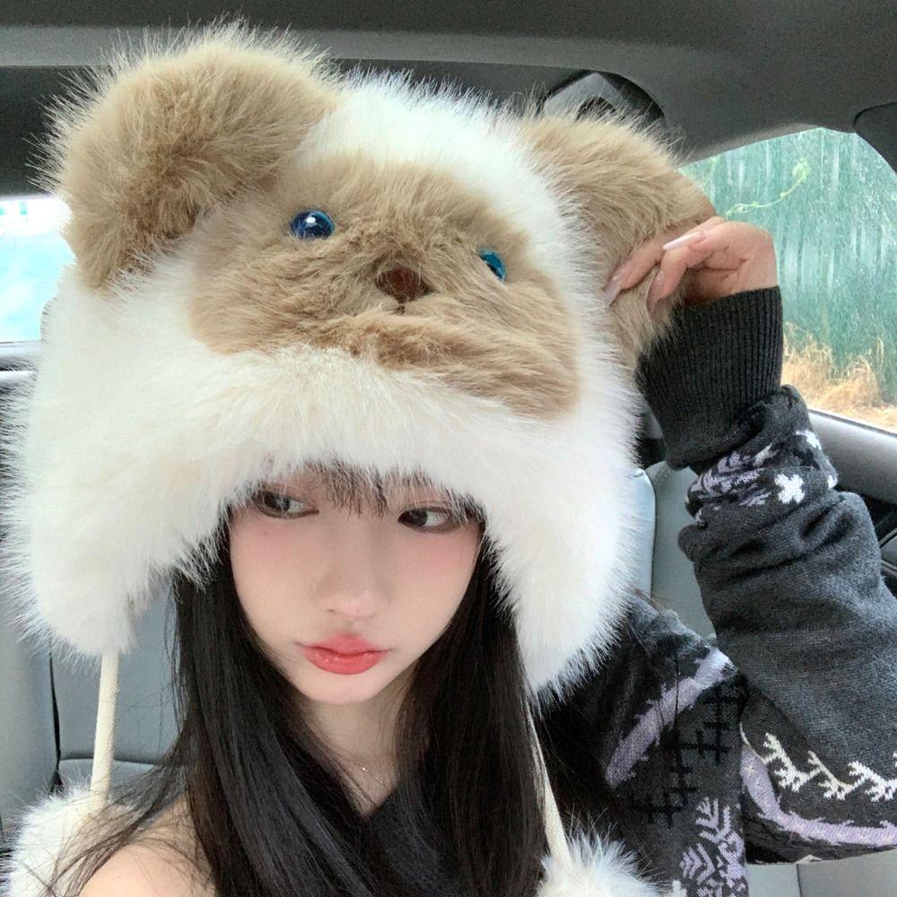 Coldproof Korean Style Animals Ears Beanie Hat Soft Siamese Cat Fluffy Pullover Cap Windproof Warm Ear Protection Hat Skiing