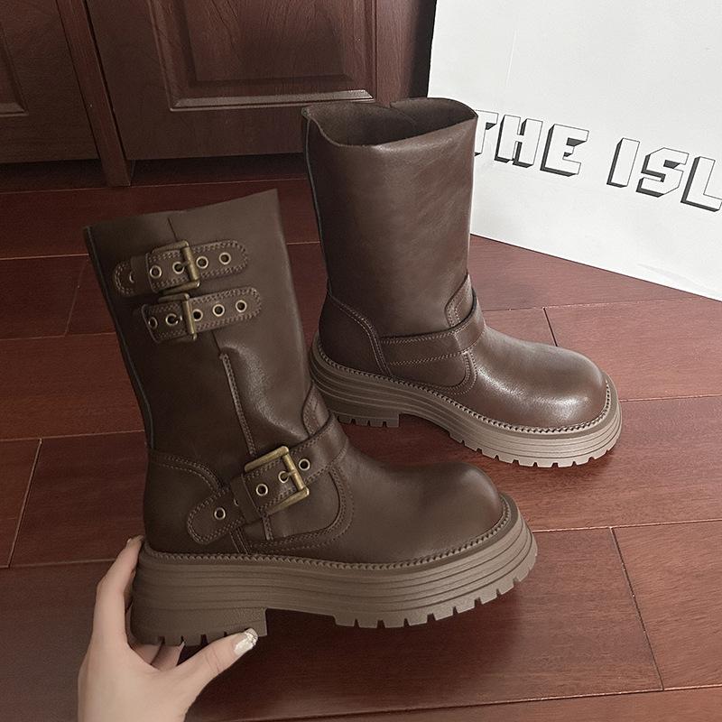 

British style platform belt buckle Martin boots women s 2025 autumn new Maillard retro versatile heightening locomotive boots 39 коричневий