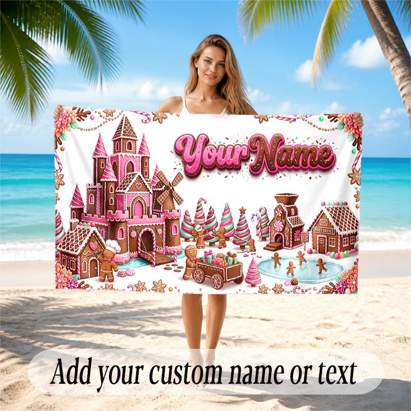 Christmas Theme Quick Dry Beach Towel Custom Name Text Print Large Sand Resistant Towel Beach Vacation