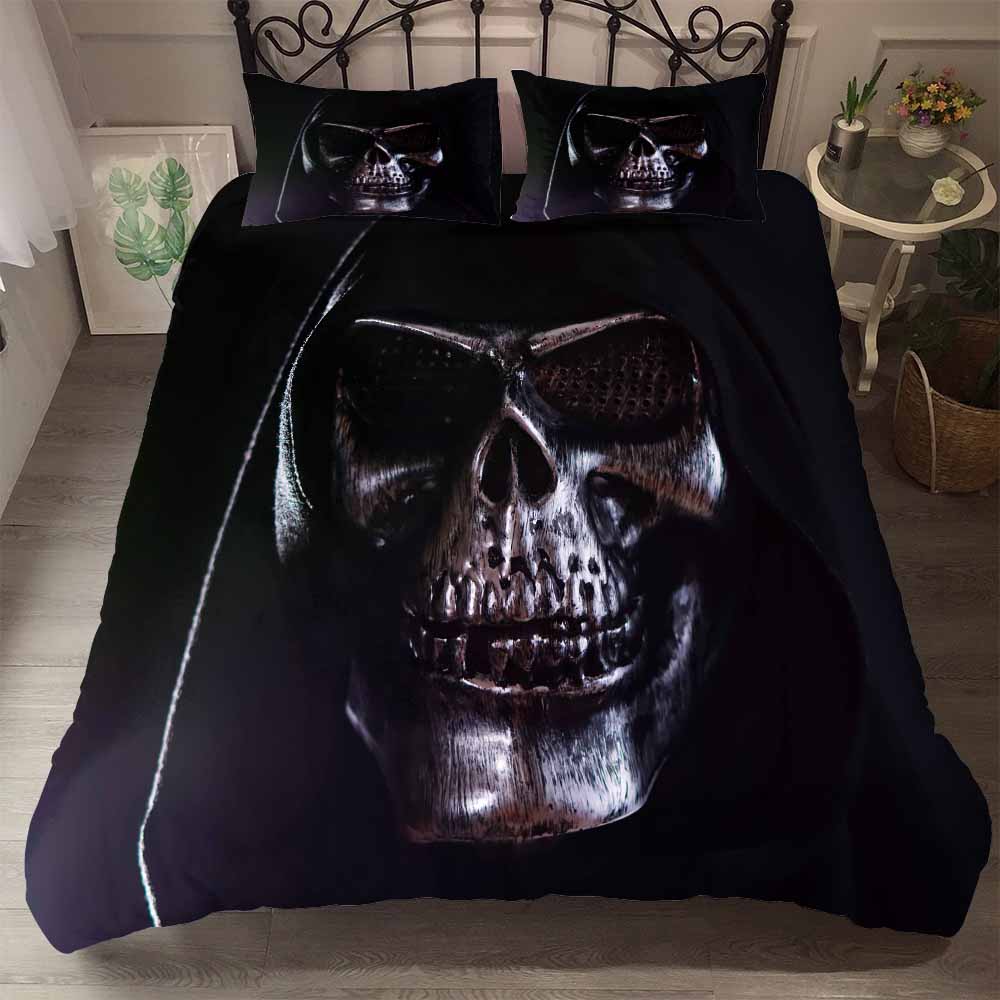 Terror Skull Svart Bakgrund Påslakanset Halloween Sovrum Täcke Örngott Sängkläder Blått Ljus Ben Dubbel Enkelt 2/3 st